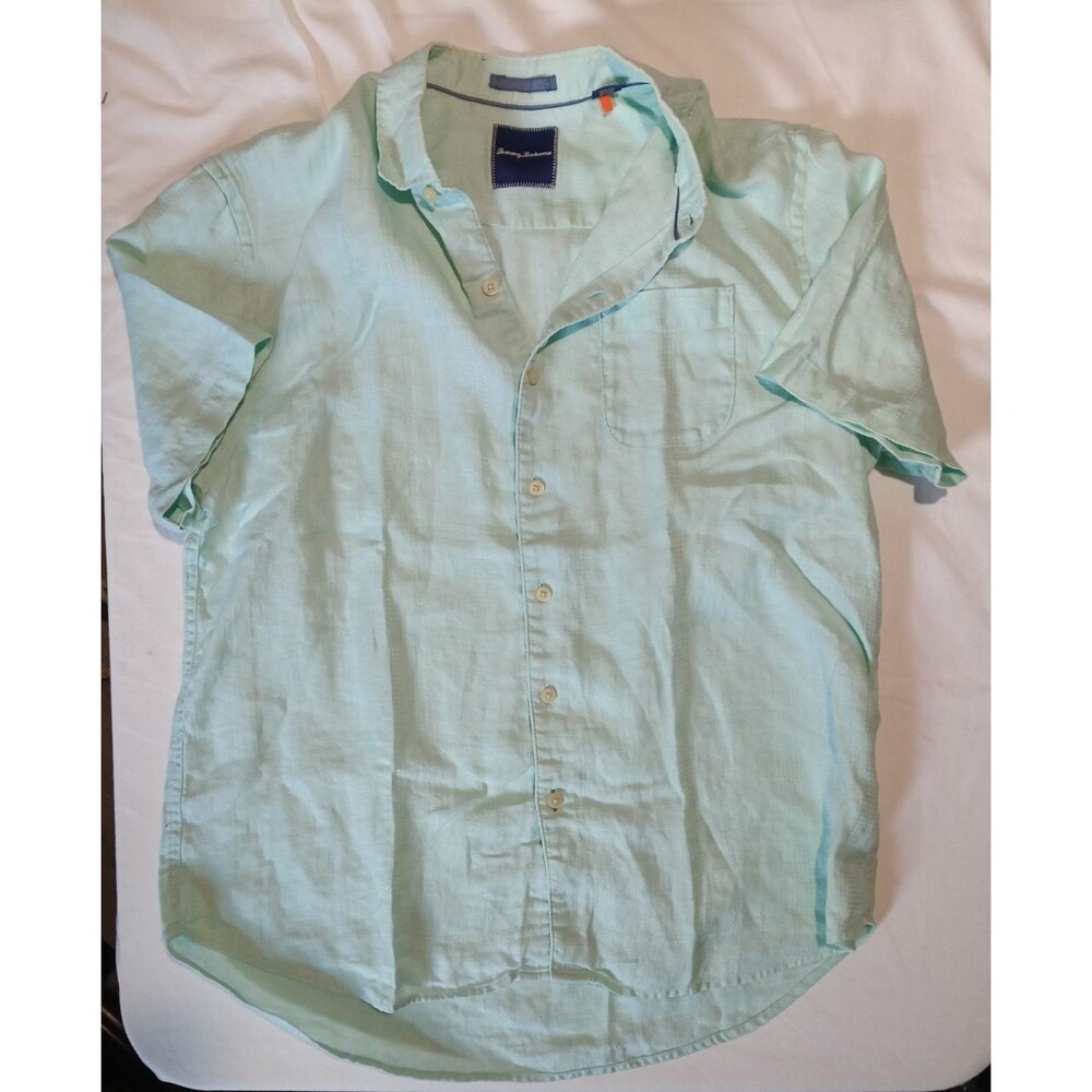 Tommy Bahama Shirt Men's XL Aqua Button Up Hawaiian Breathable Camp 100% Linen